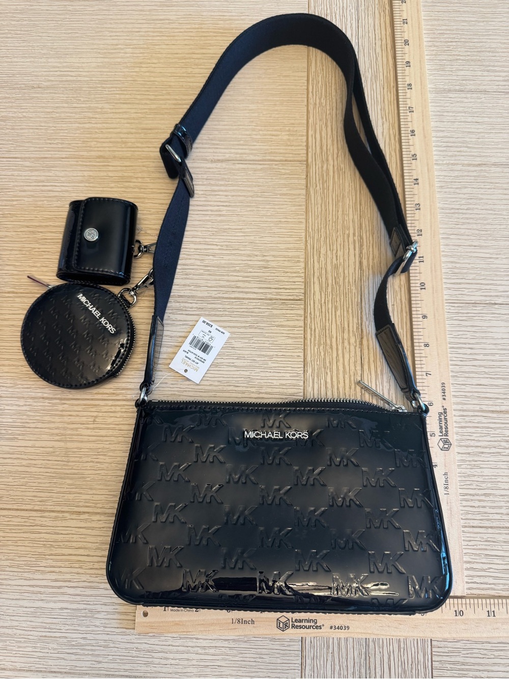 Michael Kors Black Patent MK Logo Crossbody with Coin Pouches